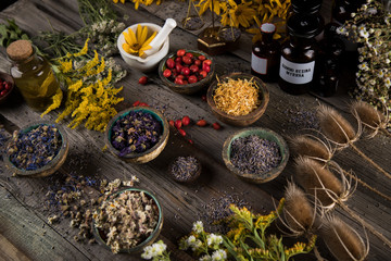 Natural remedy,Herbal medicine and wooden table background