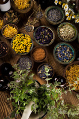 Natural remedy,Herbal medicine and wooden table background