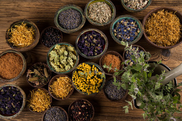 Natural remedy,Herbal medicine and wooden table background