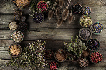 Natural remedy,Herbal medicine and wooden table background