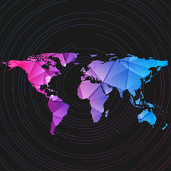 Bright blue and purple low poly world map with thin round lines tech background. Futuristic vector design