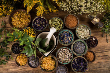 Herbs medicine and vintage wooden background