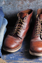 safety shoes on rustic background, Safety shoes in a store