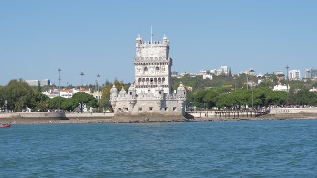 Belem Tower in Lisbon view from boat river tagus Portugal 4k