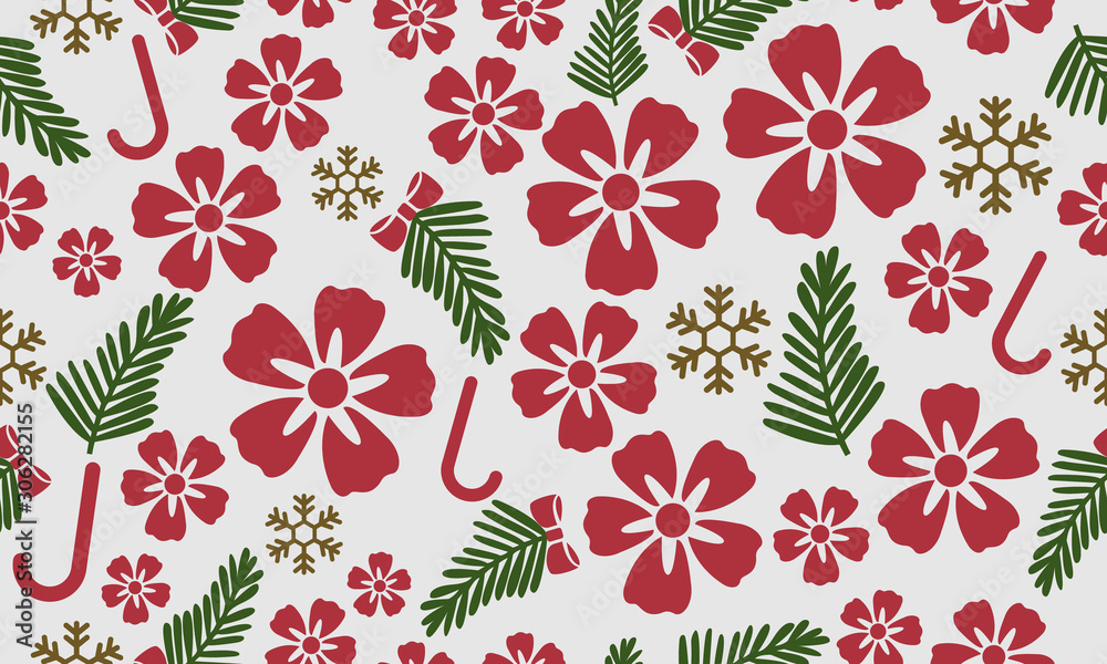 Wall mural Red flower ornament, leaves, floral pattern christmas wallpaper. - Wall murals