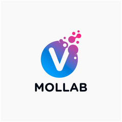 initial Letter V with molecule element. Lab Logo Design concept. Design Vector with Dots and Bubbles. perfect for technology, digital, software, network and science brand. - vector