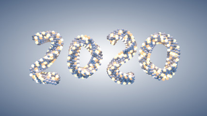 Twisted text 2020 of glowing spheres 3D render illustration