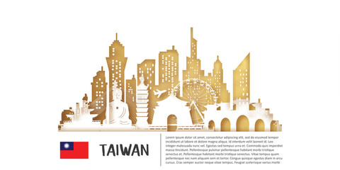 PrintTravel Taiwan postcard, poster, tour advertising of world famous landmarks in paper cut style. Vectors illustrations