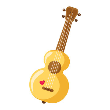 Valentine Day cartoon card - yellow guitar or ukulele, cartoon romantic musical instrument for holiday, music for love mood, isolated object on white, illustration for postcard, print - vector