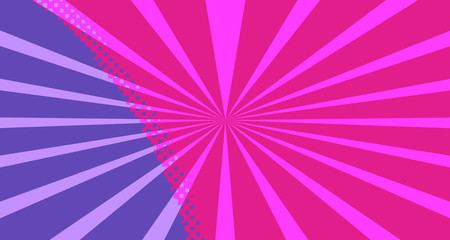 Vintage colorful comic book background. Red violet blank bubbles of different shapes. Rays, radial, halftone, dotted effects. For sale banner empty Place for text 1960s. Copy space vector eps10.