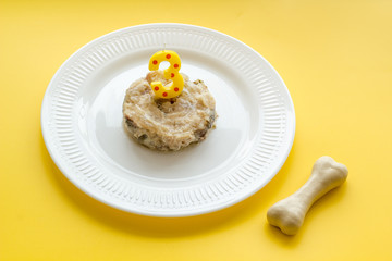 Birthday party for puppy. Dog feed, candle in shape of number three, bones on yellow background