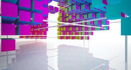 Abstract white and colored gradient  interior multilevel public space from array cubes with window. 3D illustration and rendering.