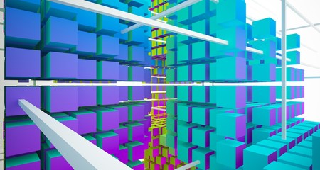 Abstract white and colored gradient  interior multilevel public space from array cubes with window. 3D illustration and rendering.