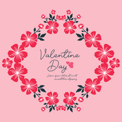 Greeting card template of valentine day, with beautiful pink flower frame realistic. Vector