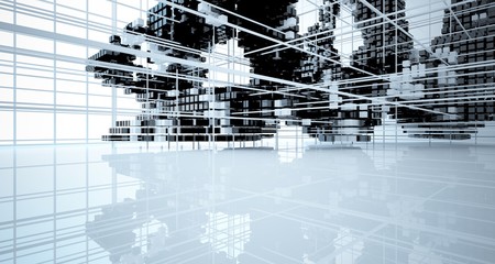 Abstract white and black interior multilevel public space from array cubes  with window. 3D illustration and rendering.
