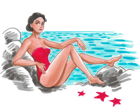 Pretty woman laying on a beach. Ink and watercolor illustration