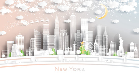 New York USA City Skyline in Paper Cut Style with Snowflakes, Moon and Neon Garland.