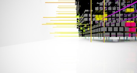 Abstract white and colored gradient  interior multilevel public space from array cubes  with window. 3D illustration and rendering.