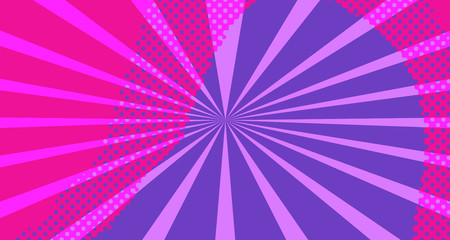 Vintage colorful comic book background. Red violet blank bubbles of different shapes. Rays, radial, halftone, dotted effects. For sale banner empty Place for text 1960s. Copy space vector eps10.