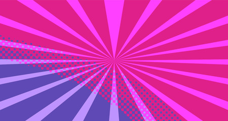 Vintage colorful comic book background. Red violet blank bubbles of different shapes. Rays, radial, halftone, dotted effects. For sale banner empty Place for text 1960s. Copy space vector eps10.