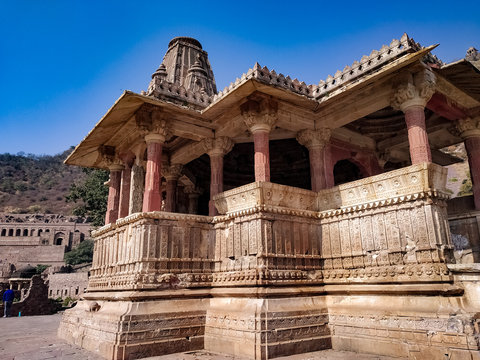 A vandalized ancient hindu temple of Bhangarh fort in Alwar Rajasthan India. Bhangarh fort is now considered as the most haunted place of india-December 2018