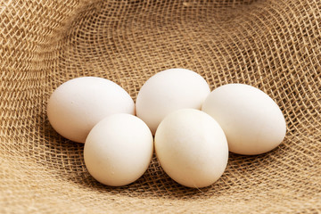Chicken eggs lie on a background of burlap.