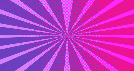 Vintage colorful comic book background. Red violet blank bubbles of different shapes. Rays, radial, halftone, dotted effects. For sale banner empty Place for text 1960s. Copy space vector eps10.