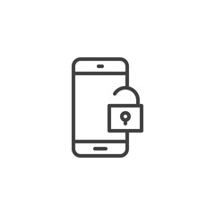 Mobile lock access line icon. linear style sign for mobile concept and web design. Smartphone unlocked padlock outline vector icon. Phone data protection symbol, logo illustration. Vector graphics