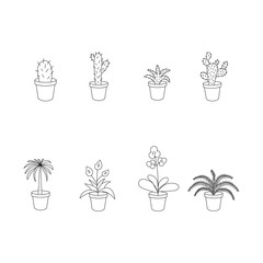 Set with indoor flowers. Black and white vector illustration.