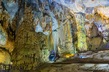 Amazing scenery of paradise cave (Dong Thien Duong) with beautiful stalagmites and stalactites in Phong Nha - Ke Bang cave complex, the world natural heritage in Vietnam.