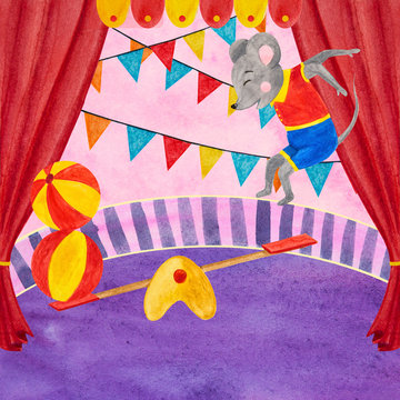 .Watercolor illustration of circus acrobats with gray, funny mice in cartoon style.
