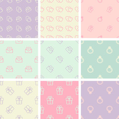 Set of seamless patterns of icons, vector illustration. Symbols of love and marriage in a flat style. Hearts, ring, gift on a pastel color background. Use as background, paper print