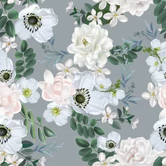 Behang Grijs Witte bloem met jasmijn naadloos patroon op witte achtergrond