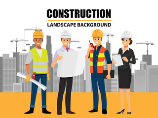 Business Engineer and worker  teamwork ,Building under Construction site background ,infographics Construction , Vector illustration cartoon character design.