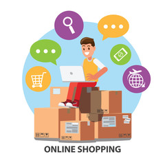 Businessman character design with e-commerce and online shopping icons . Symbols of shop, online payment, customer service and delivery.Cartoon for  business ,