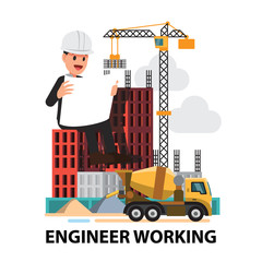 Business Engineer concept is working. ,Building under Construction site background ,infographics Construction , Vector illustration cartoon character design.