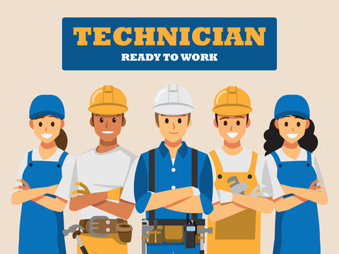 Technician And Builders And Engineers And Mechanics People Teamwork ,Vector Illustration Cartoon Character.