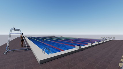 屋外プール　コース有り　人あり　イラスト2-2