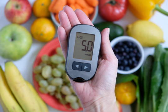 Diabetes concept: glucometer in hand and healthy food. Nutrition cause diabetic desease