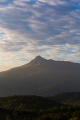 Foggy morning landscape on a green mountain scenic view in Pyrenees