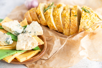 bread sliced cheese is on a plate