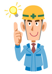 青い作業着の工事現場の男性が閃く