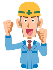 青い作業着の工事現場の男性が張り切る