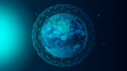 The 3d rendered earth is wrapped in a polygonal sphere linked by dots and lines.