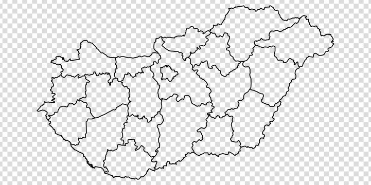 Blank map of Hungary. High quality map of  Hungary with provinces on transparent background for your web site design, logo, app, UI. Europe. EPS10.