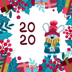 Fototapeta premium 2020 New Year mouse. Christmas postcard, background with cuty character mouse in a hat and gifts, berries