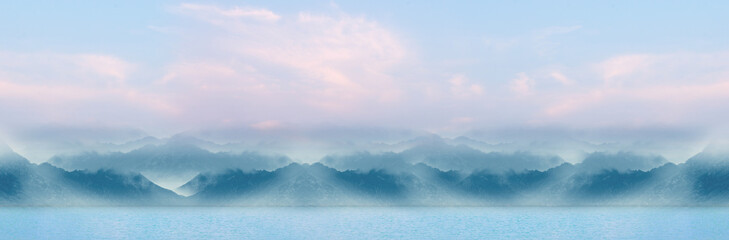 Obraz na płótnie Canvas Chinese ink wash style sunset mountain scenery background