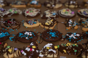 In der Weihnachtsbäckerei werden Plätzchen werden Bunt dekoriert  (Moody)