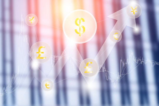 Currency symbol with rising arrow, blurred financial center background