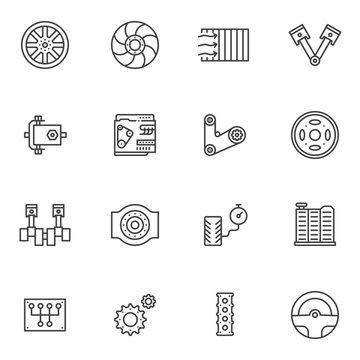 The car parts line icons set. linear style symbols collection, outline signs pack. vector graphics. Set includes icons as brake disk, steering wheel, car engine, transmission, piston system, gears